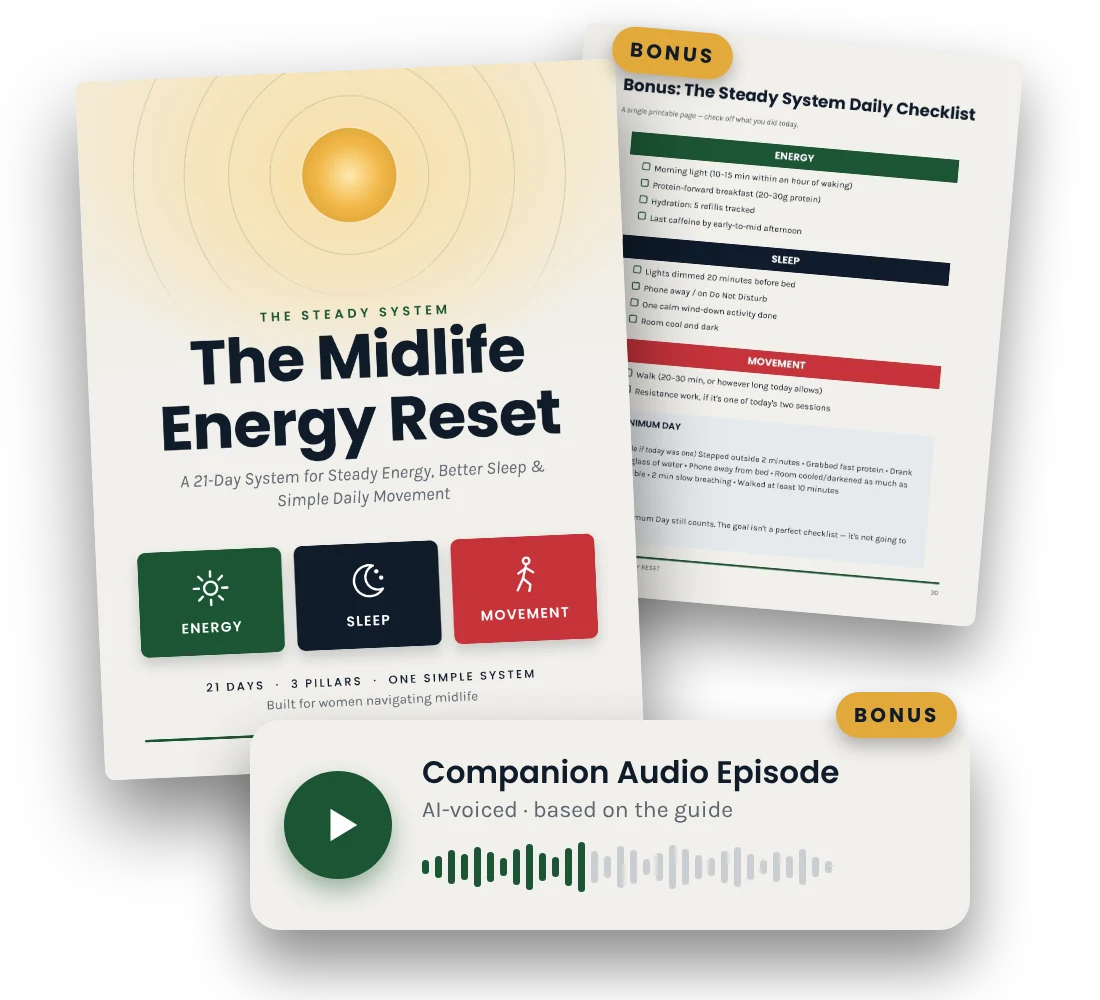 The Midlife Energy Reset guide cover, printable daily checklist and a bonus AI-voiced companion audio episode